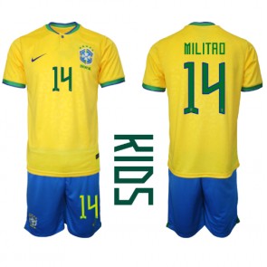 Brasilien Eder Militao #14 Hjemmebanesæt Børn VM 2022 Kort ærmer (+ korte bukser)